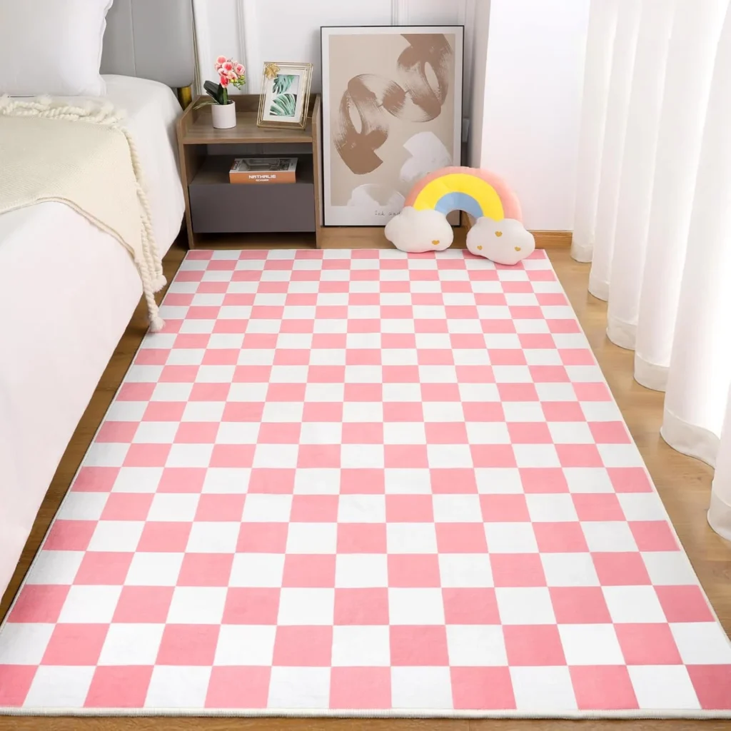 Terrug Pink and White Checkered Rug for Bedroom,4x6 Area Rugs Washable with Non Slip