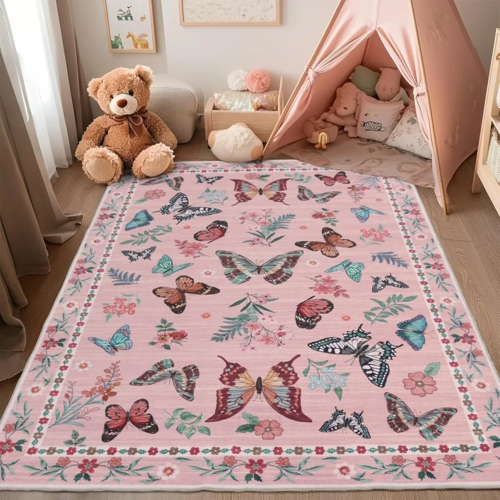 Nursery Rug for Girl 5x7 Pink Butterfly Floral Rug for Girls Bedroom Machine Washable Non-Slip