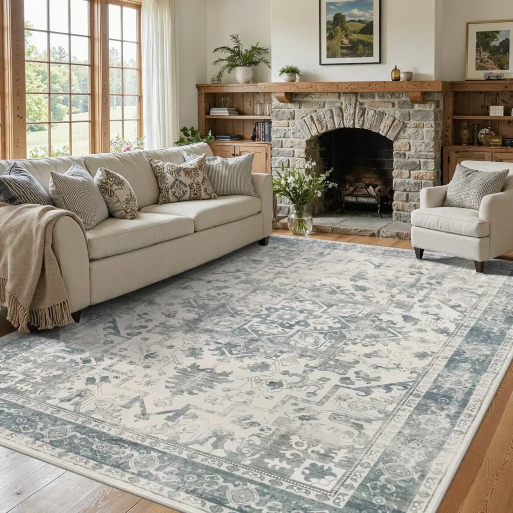 Area Rugs 5x7, Washable Rugs for Living Room, Vintage Boho Light Blue Rug for Office, Dining Room