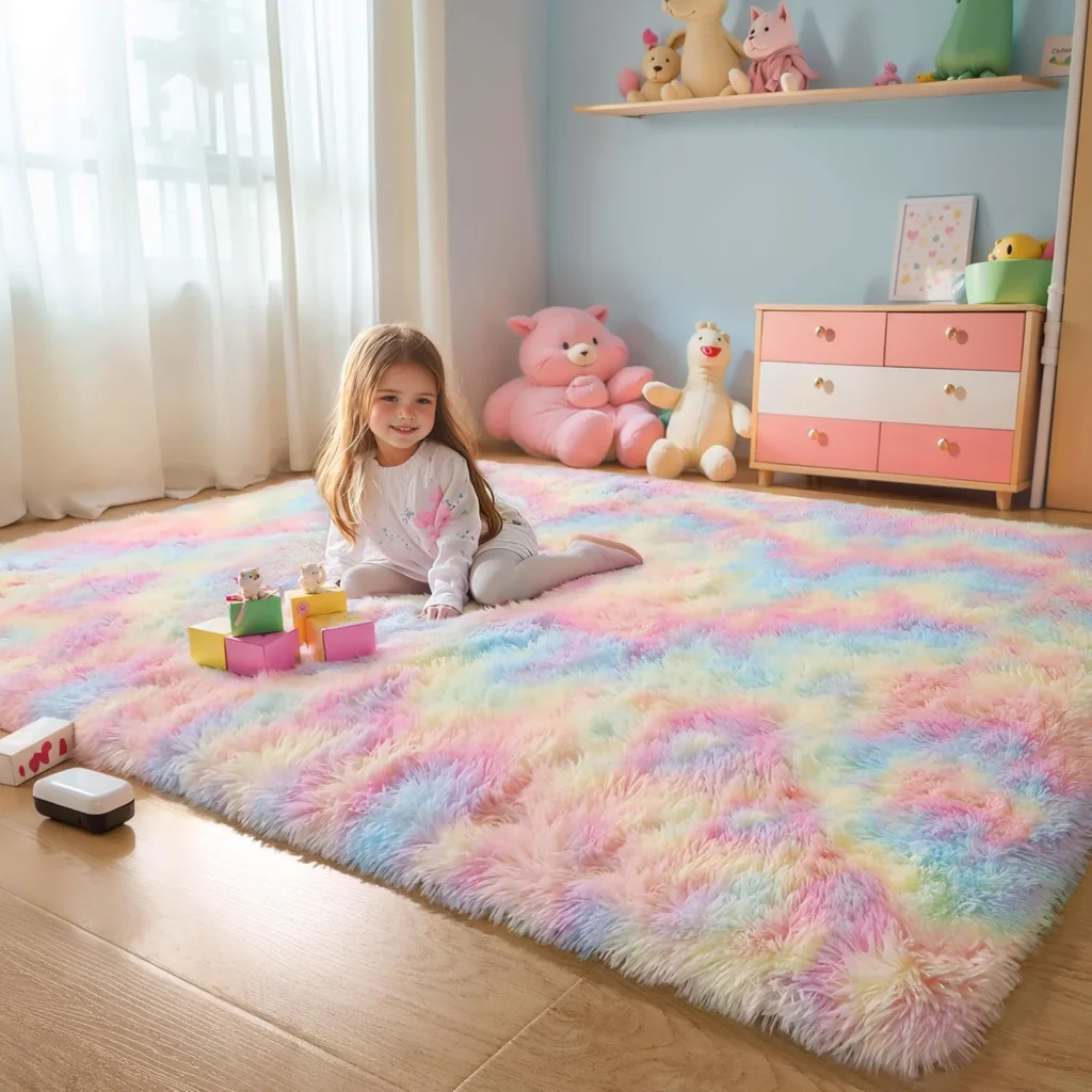 Fluffy 4x6 Area Rugs for Girls Bedoom, Rainbow Soft Washable Shag Carpet for Kids Room
