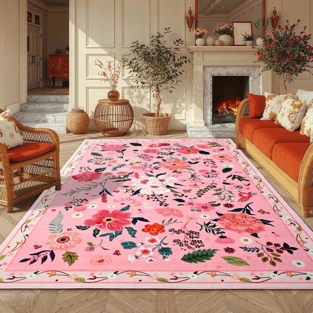 Floral 5x7 Area Rug Machine Washable Soft Print Boho Carpet Non Slip Doormat Low Pile Flower Area Rugs
