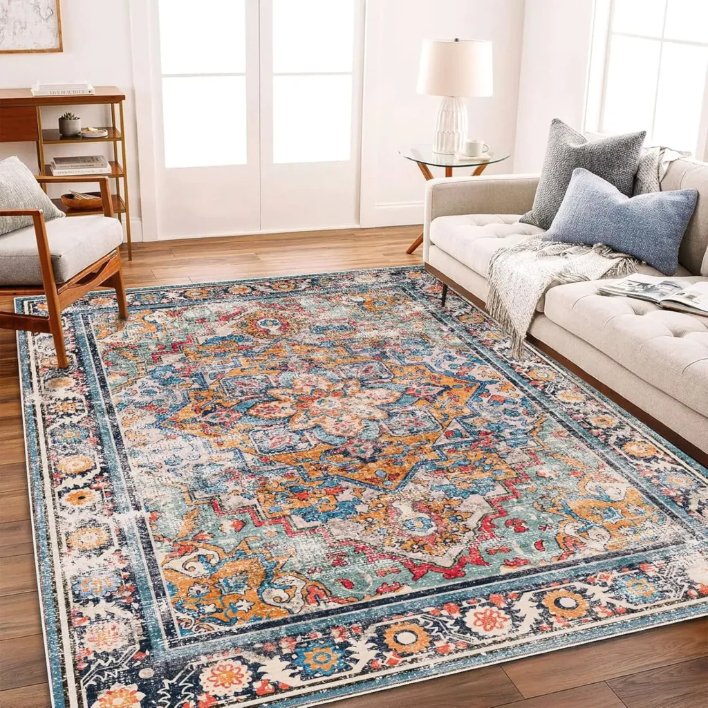 CHAMPLANT Washable Area Rug 9'x12' Boho Chic Medallion Distressed Design Non-Shedding Easy Care