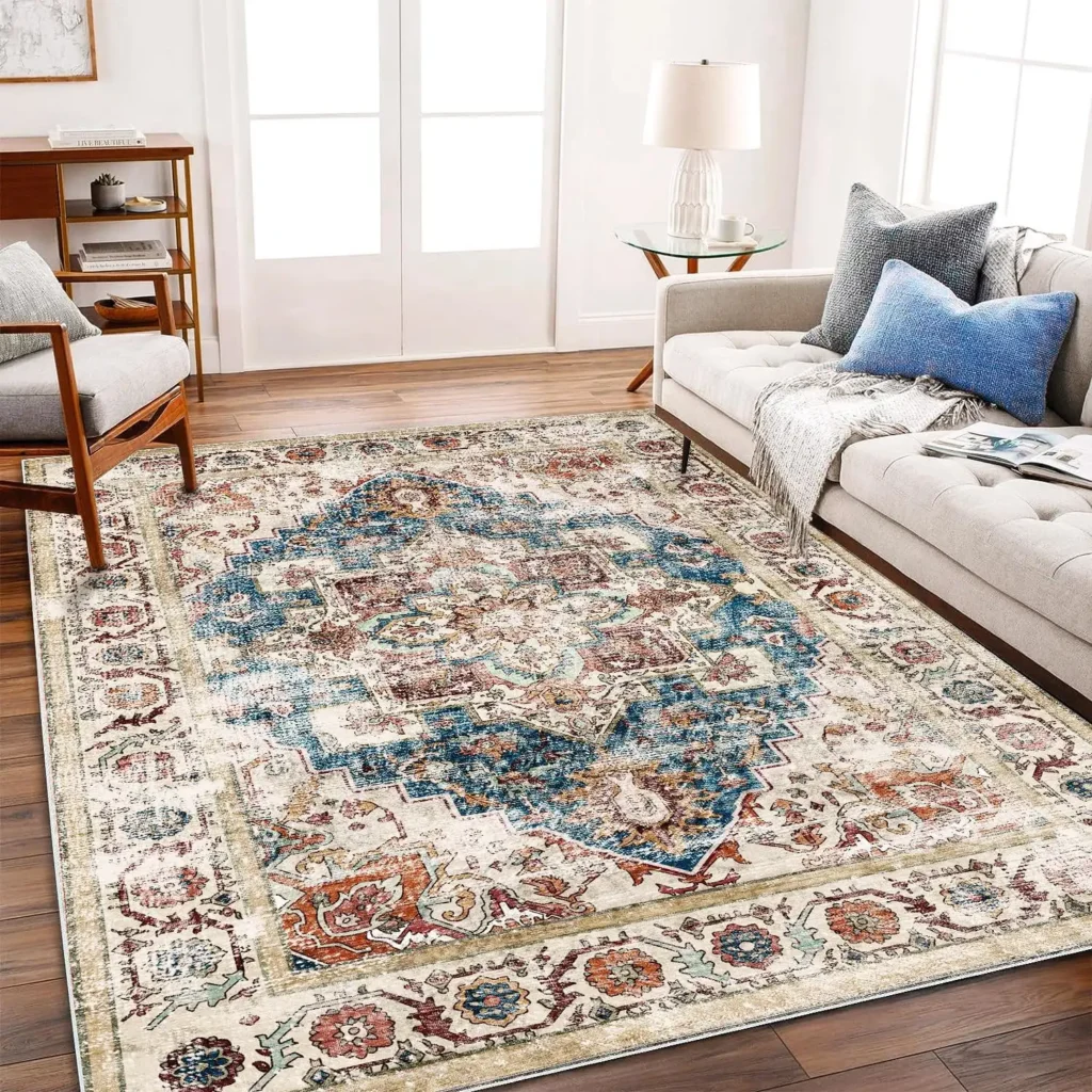 CHAMPLANT Beige Blue Washable Area Rug 8'x10' Boho Chic Medallion Distressed Design