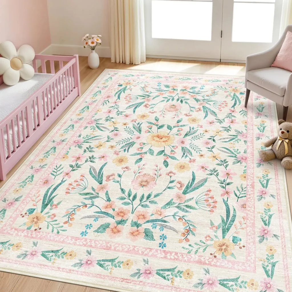 Dadasgk 5x7 Pink Floral Nursery Rug,Pink Rugs for Bedroom Girls,Machine Washable Non Slip Soft