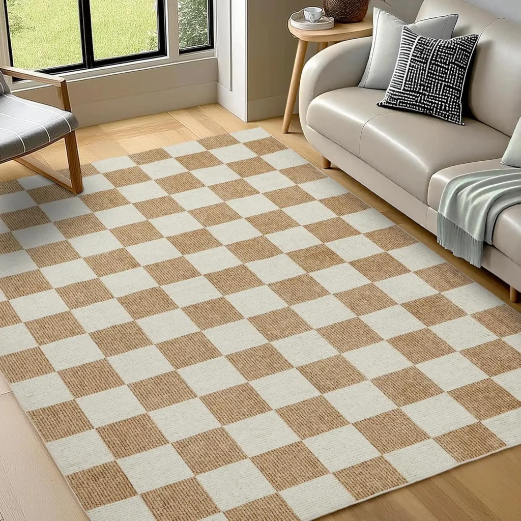 Washable Rug 5x7 Checkered Rug, Beige and White Area Rug, Boho Large Rugs for Living Room