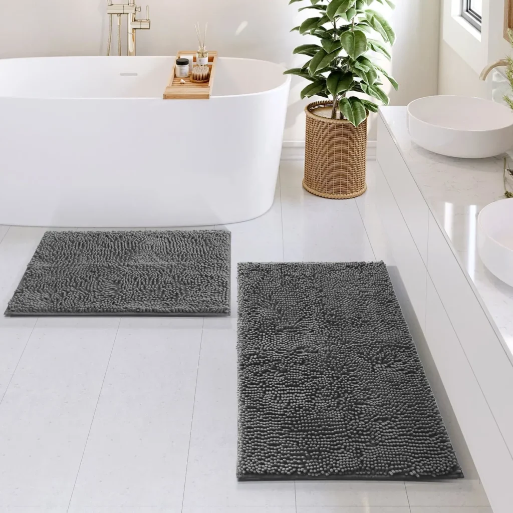 Hearth & Harbor Bathroom Rug Set, 2 Piece Chenille - Grey, Quick Dry