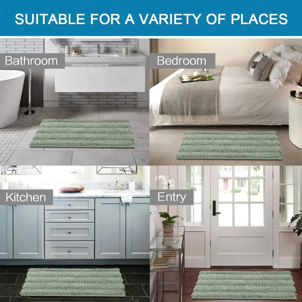 H.VERSAILTEX Sage Bathroom Rugs, Bath Mat Set of 2 Extra Thick Chenille Striped Pattern Shaggy Bath Rugs