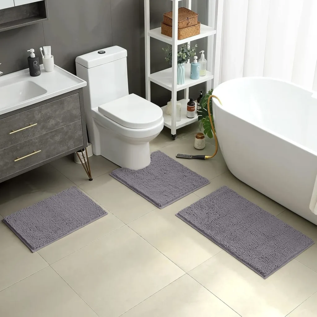 HOMEIDEAS 3 Pieces Bathroom Rugs, Ultra Soft Non Slip Absorbent Chenille Toilet Bath Mat Set