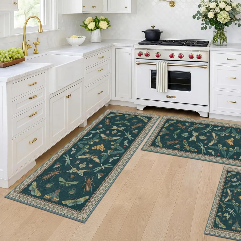 JTJ Botanical Insect Kitchen Rug Set of 3, Washable and Non-Slip Low Pile Floor Mats,