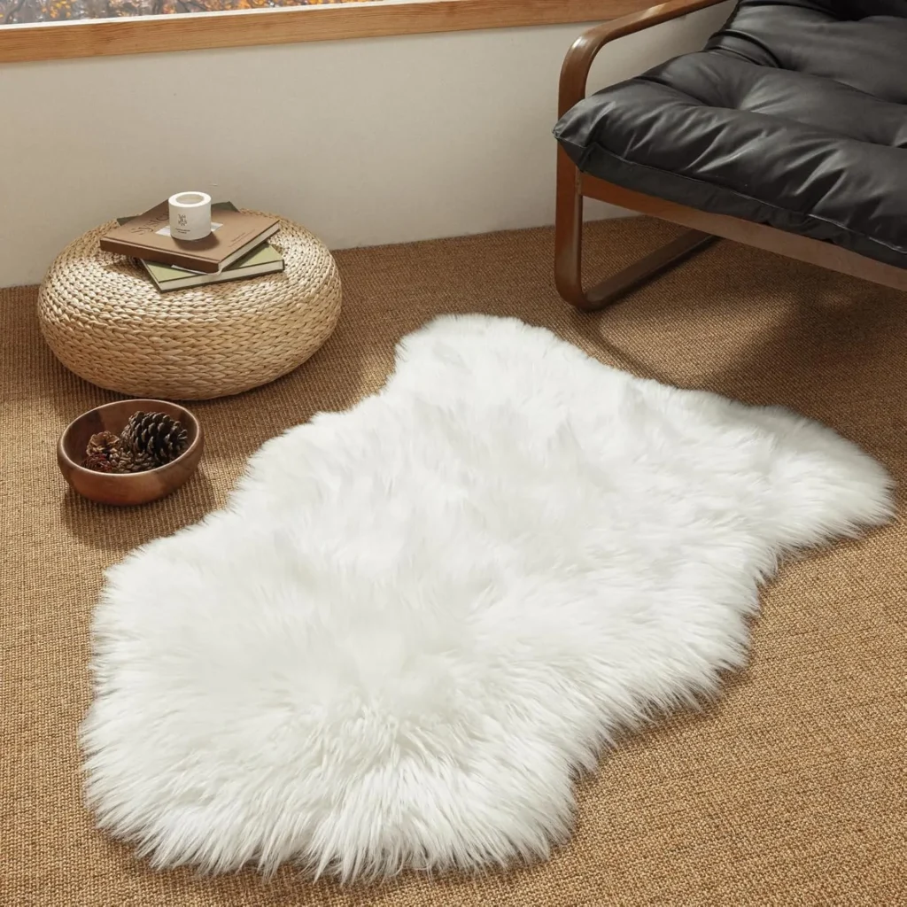 Ashler Faux Fur Rug, Fluffy White Small Sheepskin Rug, Ultra Soft 2x3 Ft Mat