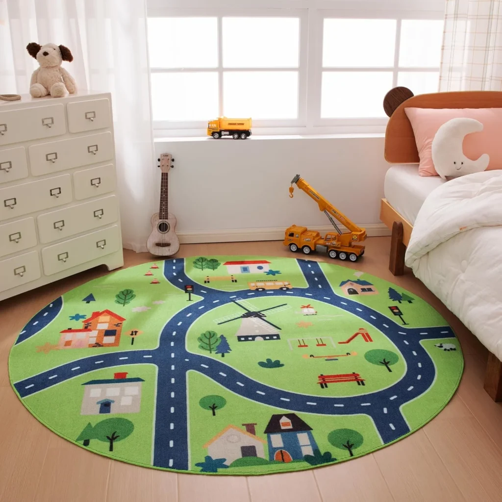 Amazon Basics Kids Washable Round Area Rug, Circle Printed Carpet Play Mat for Living Room