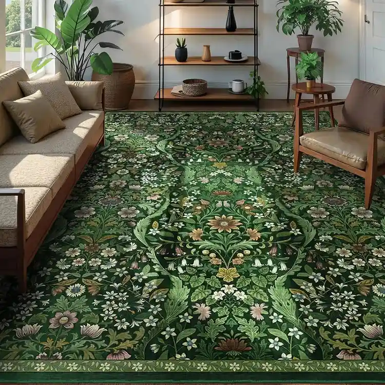Dark forest green botanical area rug with intricate floral and leaf pattern in Arts and Crafts style living room.