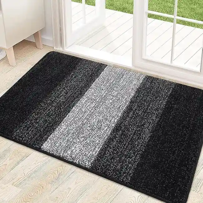 Black and gray striped entryway mat at front door with glass panels