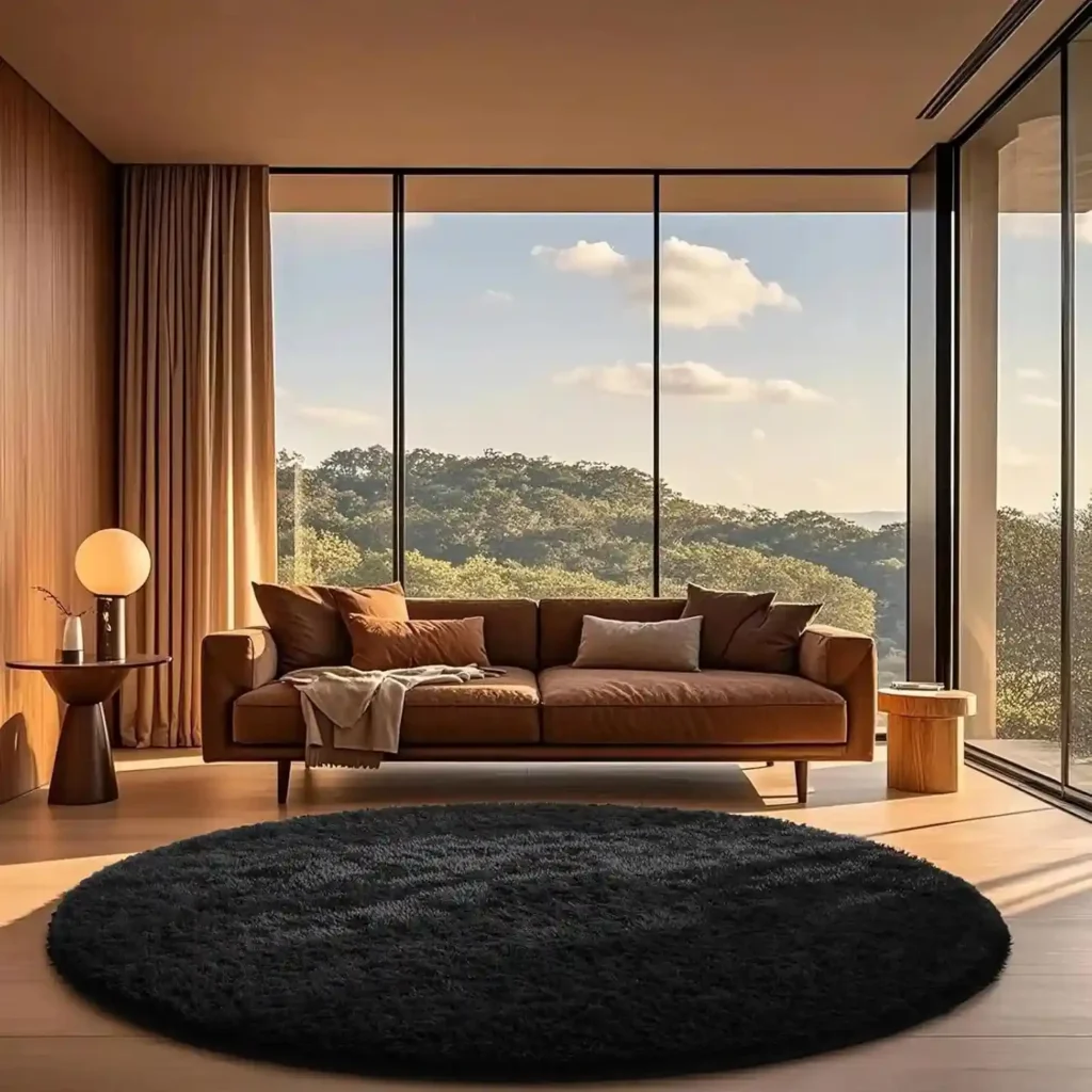Large black round shag rug in modern living room with floor-to-ceiling windows and brown sofa