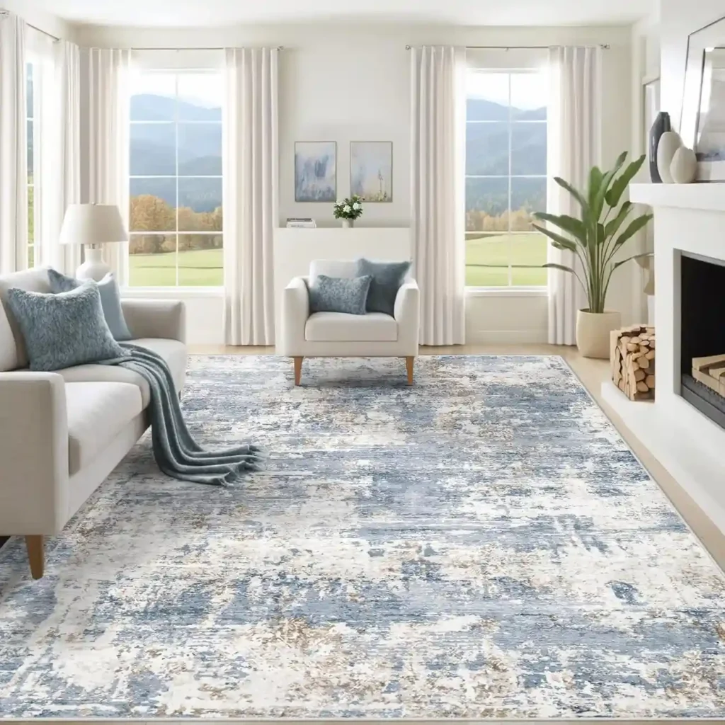 Light blue and gray distressed area rug in bright living room