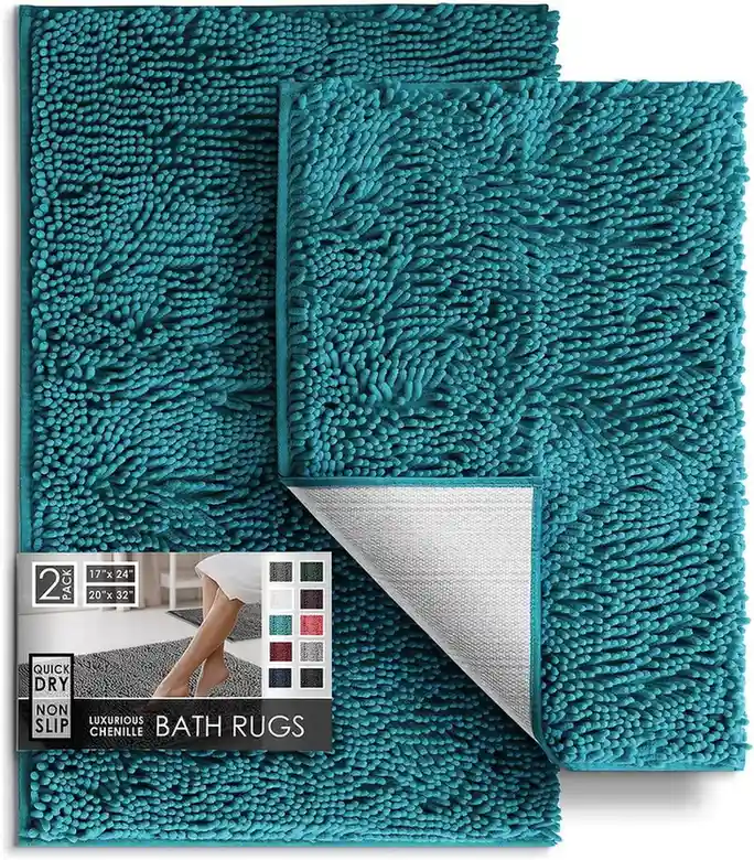 Turquoise blue-green luxurious chenille bath rug 2-pack set showing quick-dry soft shaggy texture with non-slip backing, available in 17x24 and 20x32 inch sizes