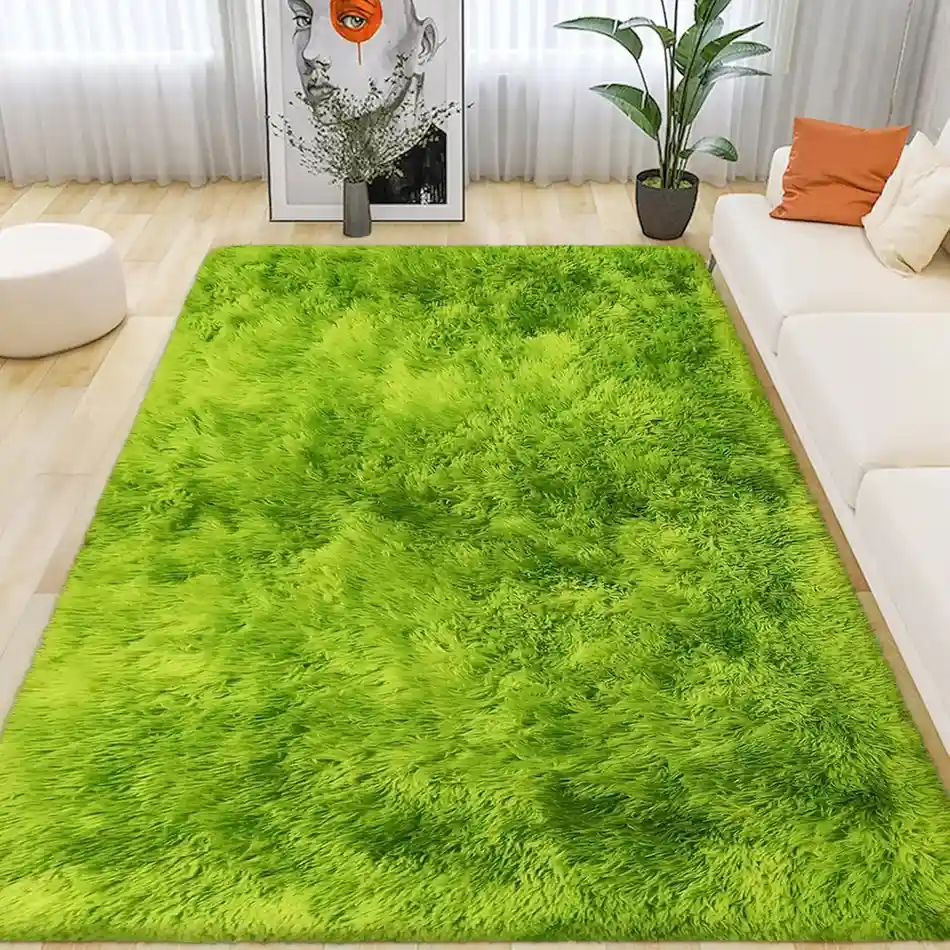Bright lime green fluffy shag area rug in modern living room with white sofa.