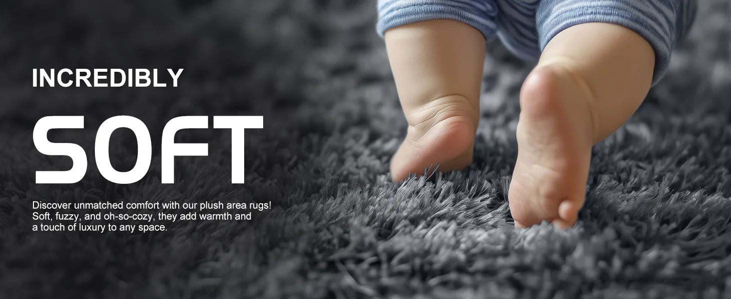 Close-up of baby's bare feet on thick soft gray shag rug - comfortable family-friendly flooring