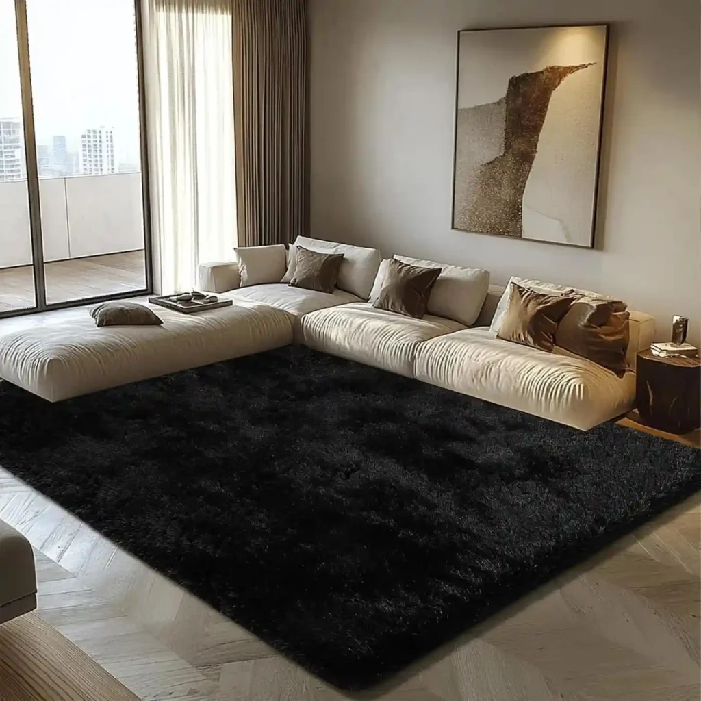 Large black shag area rug in luxury modern living room with cream sectional sofa and city view windows