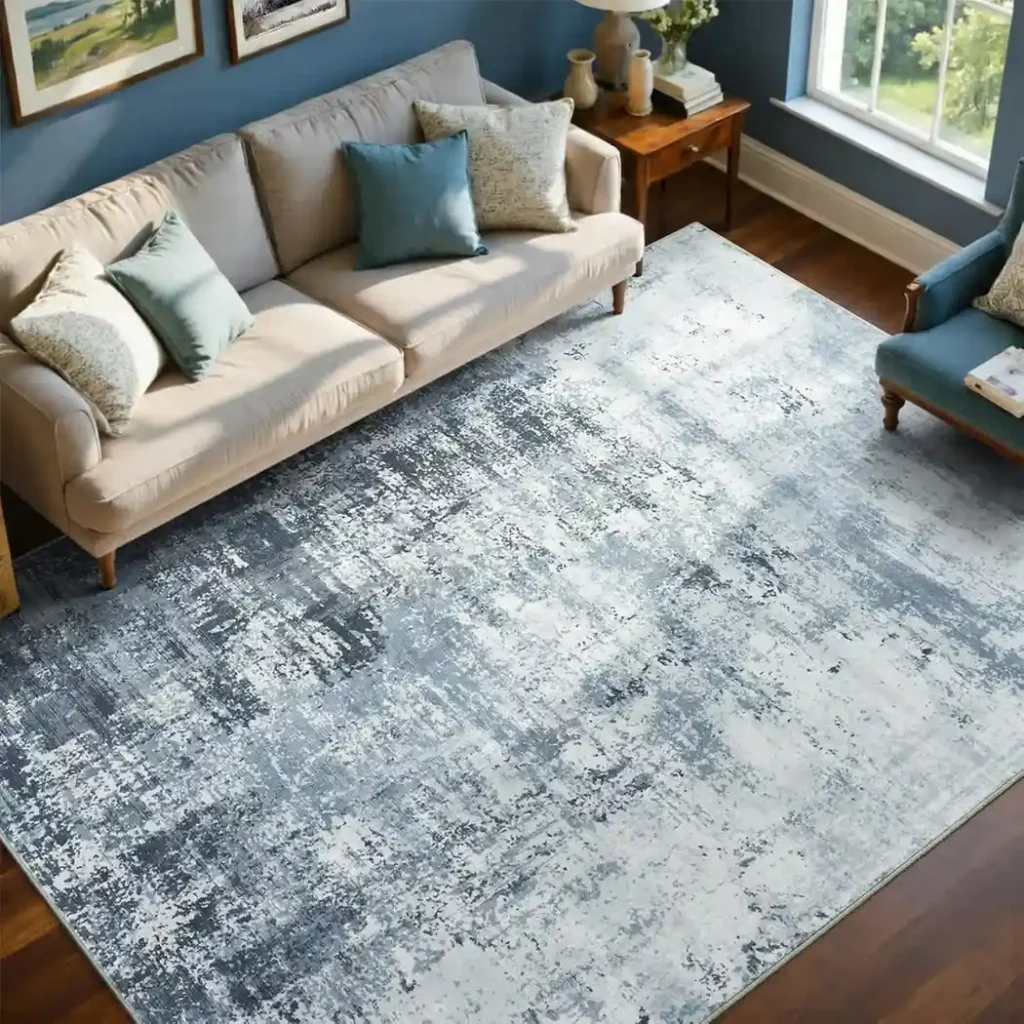 Blue gray distressed area rug in living room 