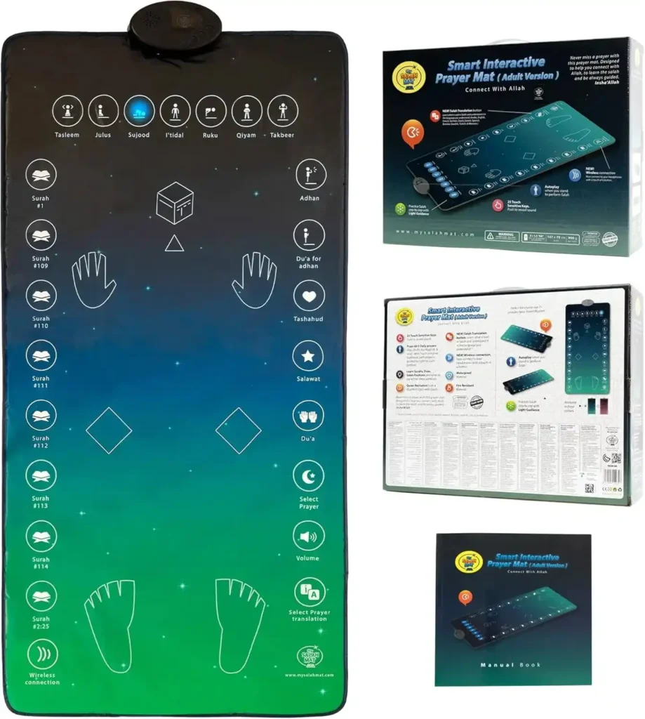 Smart interactive digital prayer mat with touch controls and LED display in blue-green gradient