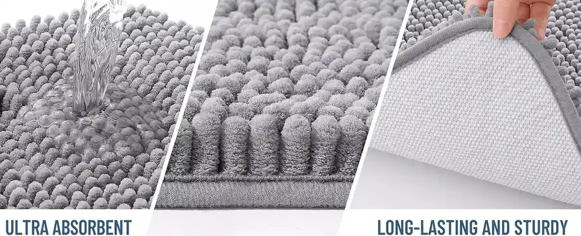 Ultra-absorbent gray shag bathroom rug with machine washable chenille surface and long-lasting sturdy construction