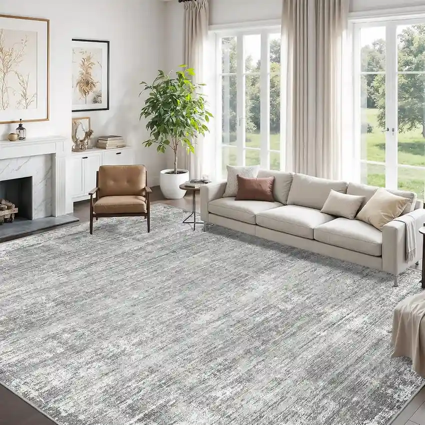 Gray distressed area rug in modern living room