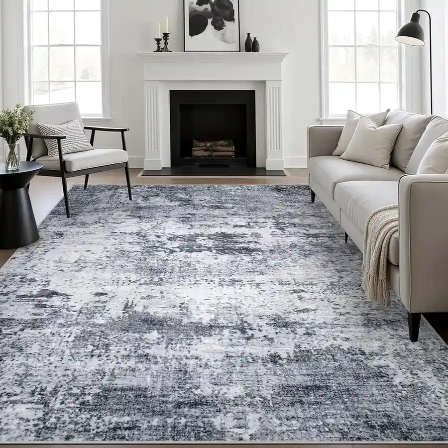 Gray and white distressed area rug in modern living room