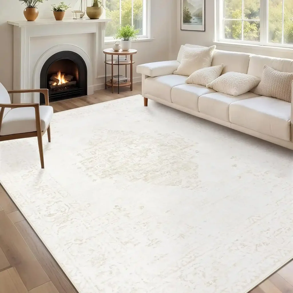 Large cream ivory area rug with subtle distressed vintage pattern in bright living room.