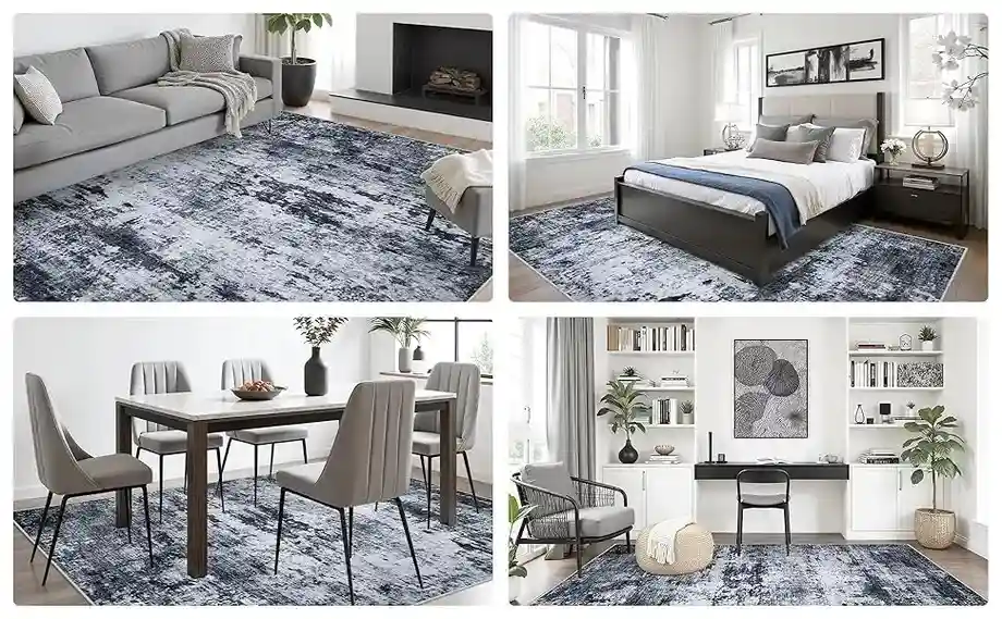 Contemporary distressed area rug collection - versatile blue gray abstract rug styled in multiple rooms with modern furniture