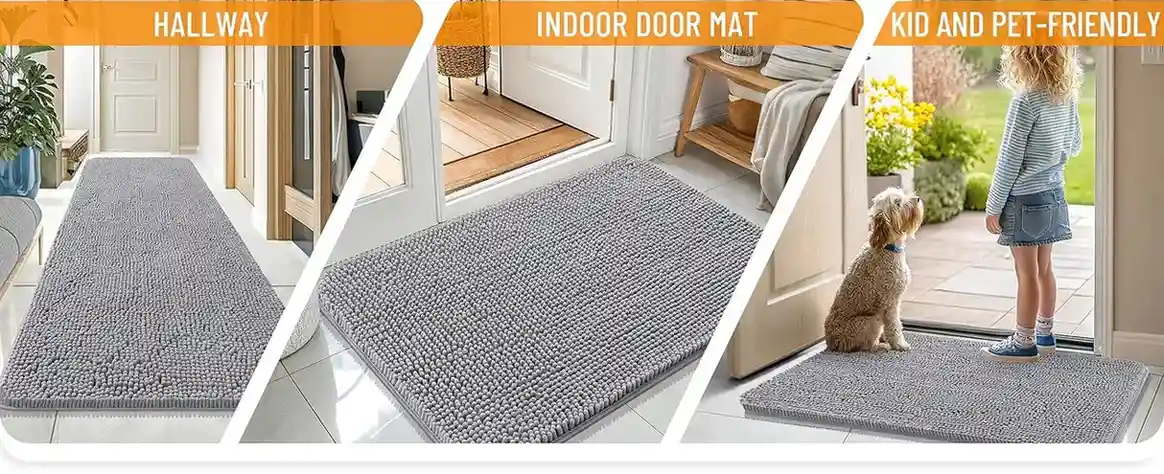 Gray chenille indoor rug showing three uses - hallway runner, entryway door mat, and kid pet-friendly floor mat at doorway