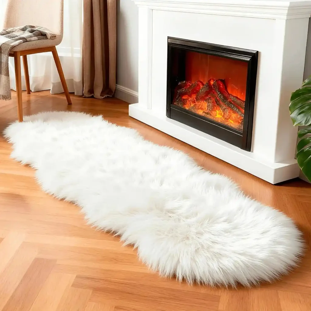 White fluffy faux fur rug placed on a wooden floor in front of a modern electric fireplace.