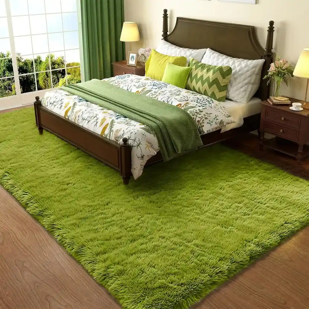 Bright lime green shag area rug, plush high-pile fluffy carpet in solid chartreuse color for modern bedroom