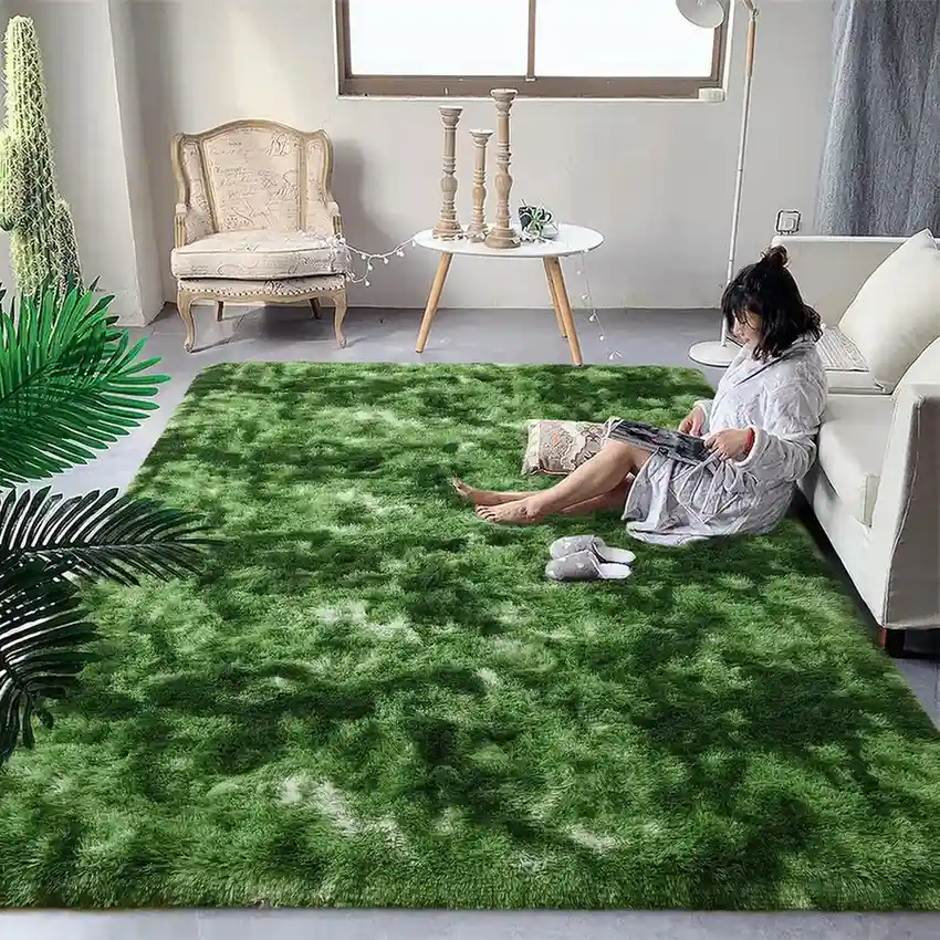 Bright grass green shag area rug, ultra-plush high-pile fluffy carpet in vibrant solid green color for modern living room