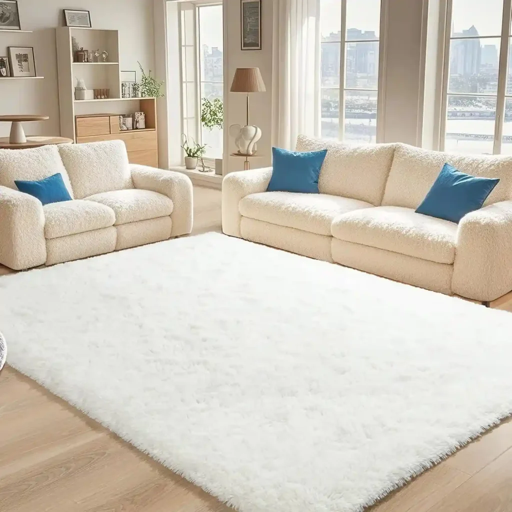 Large white plush shag area rug in modern living room with soft fluffy texture.
