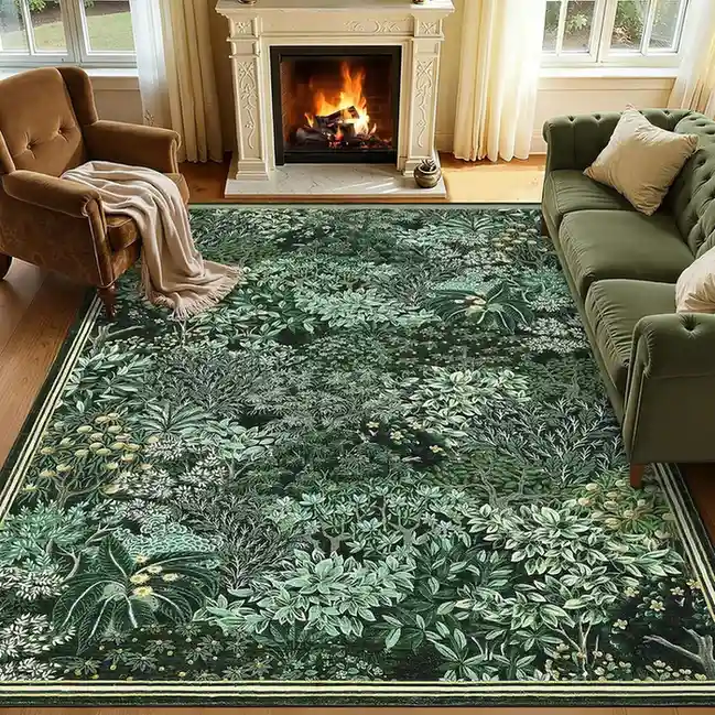 Dark forest green area rug with botanical floral pattern, traditional nature-inspired carpet with leaf and flower design in multiple green tones