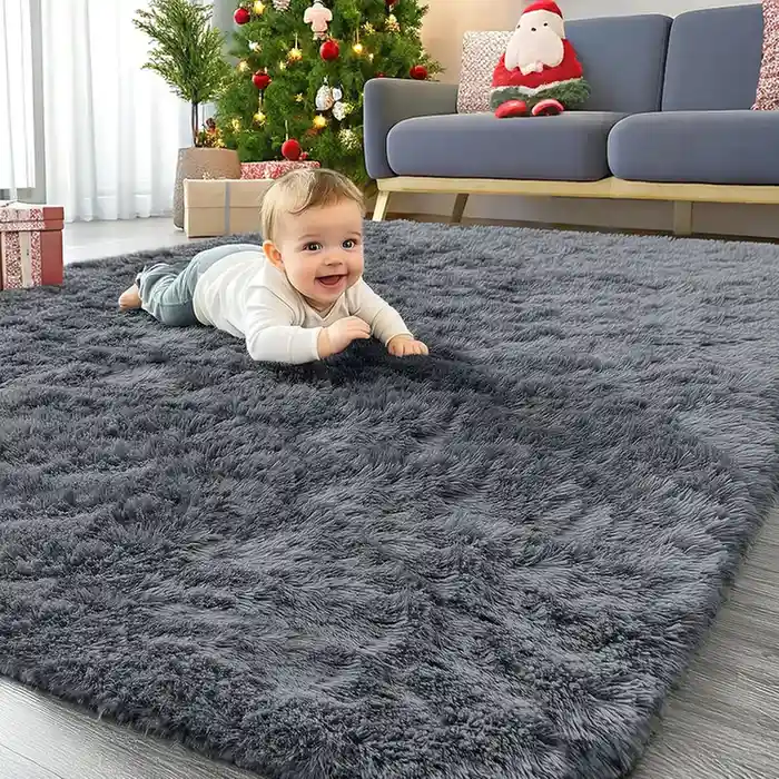 Dark gray fluffy shag area rug in living room
