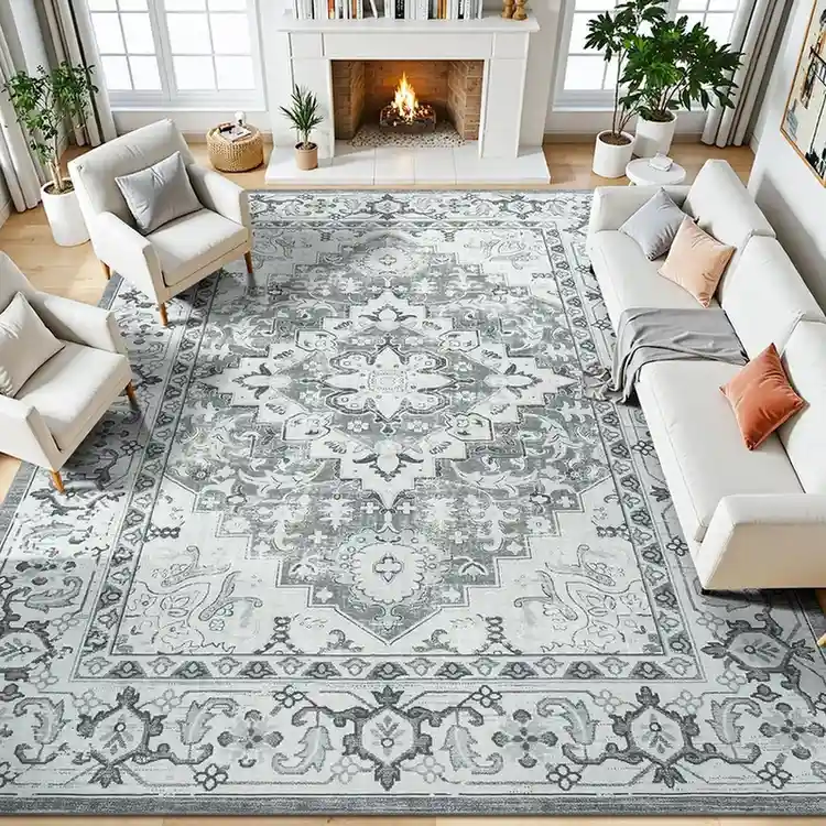 Gray and white vintage medallion area rug in living room