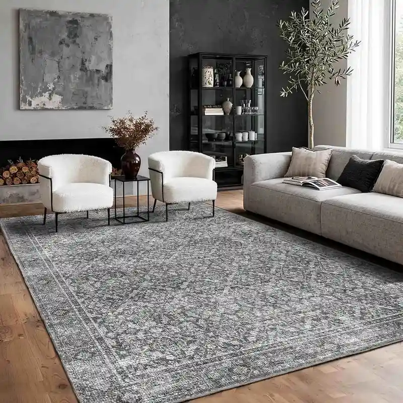Gray distressed vintage area rug in modern living room