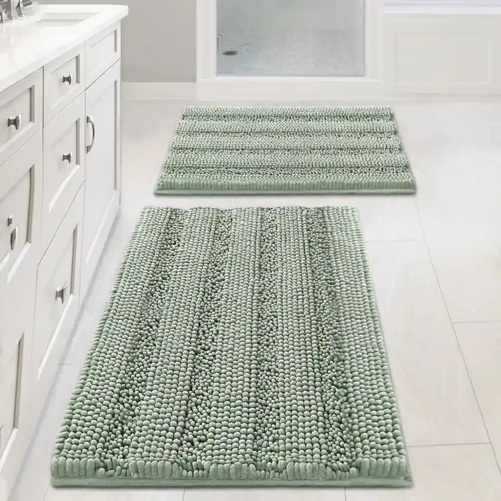 Sage green chenille bath rug set, soft shaggy bathroom mats with nubby texture, absorbent microfiber runner and mat in muted mint green