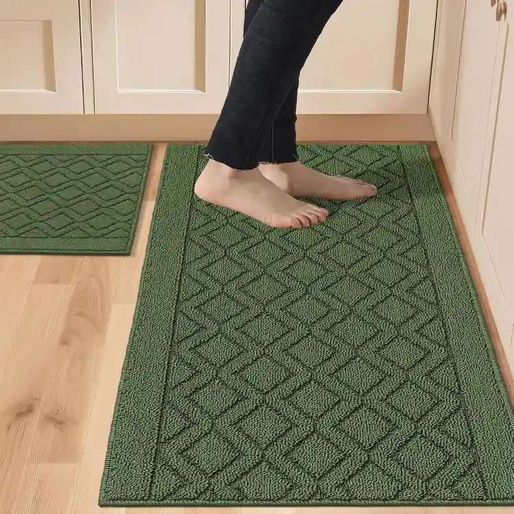 Dark forest green bath mat set with embossed diamond lattice pattern, cushioned memory foam kitchen runner with non-slip backing