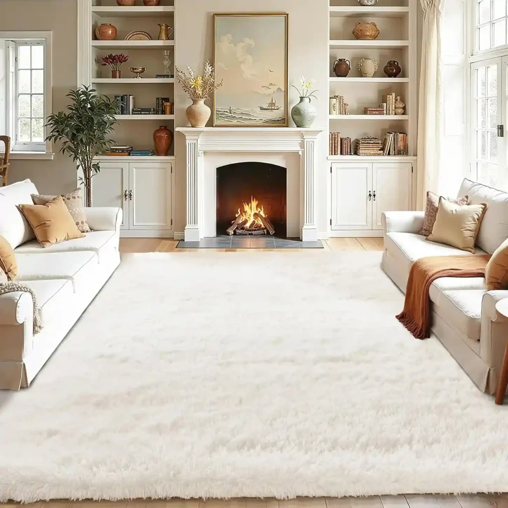 Large plush cream area rug with soft shag texture in elegant traditional living room with fireplace.