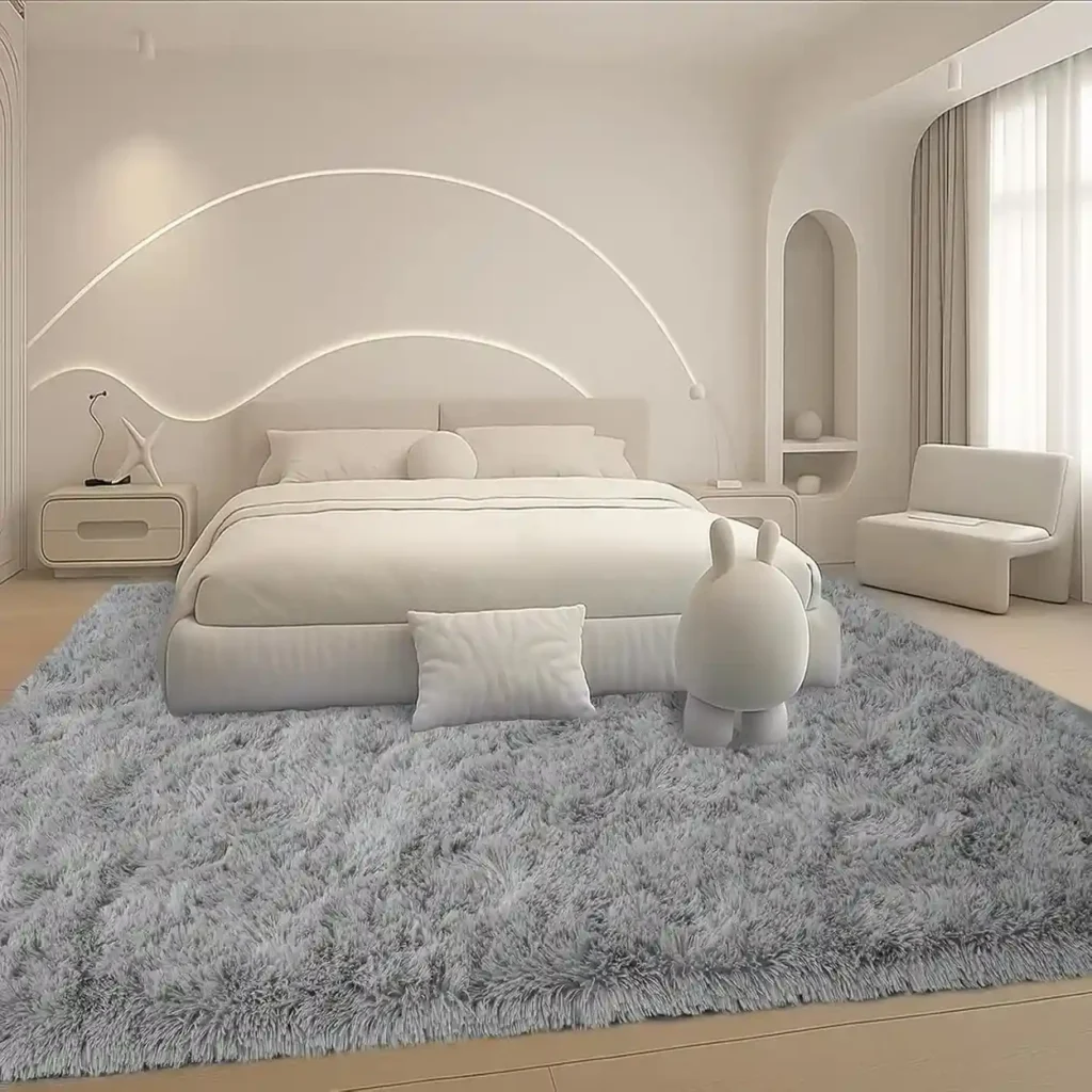 Light gray fluffy shag area rug in modern bedroom