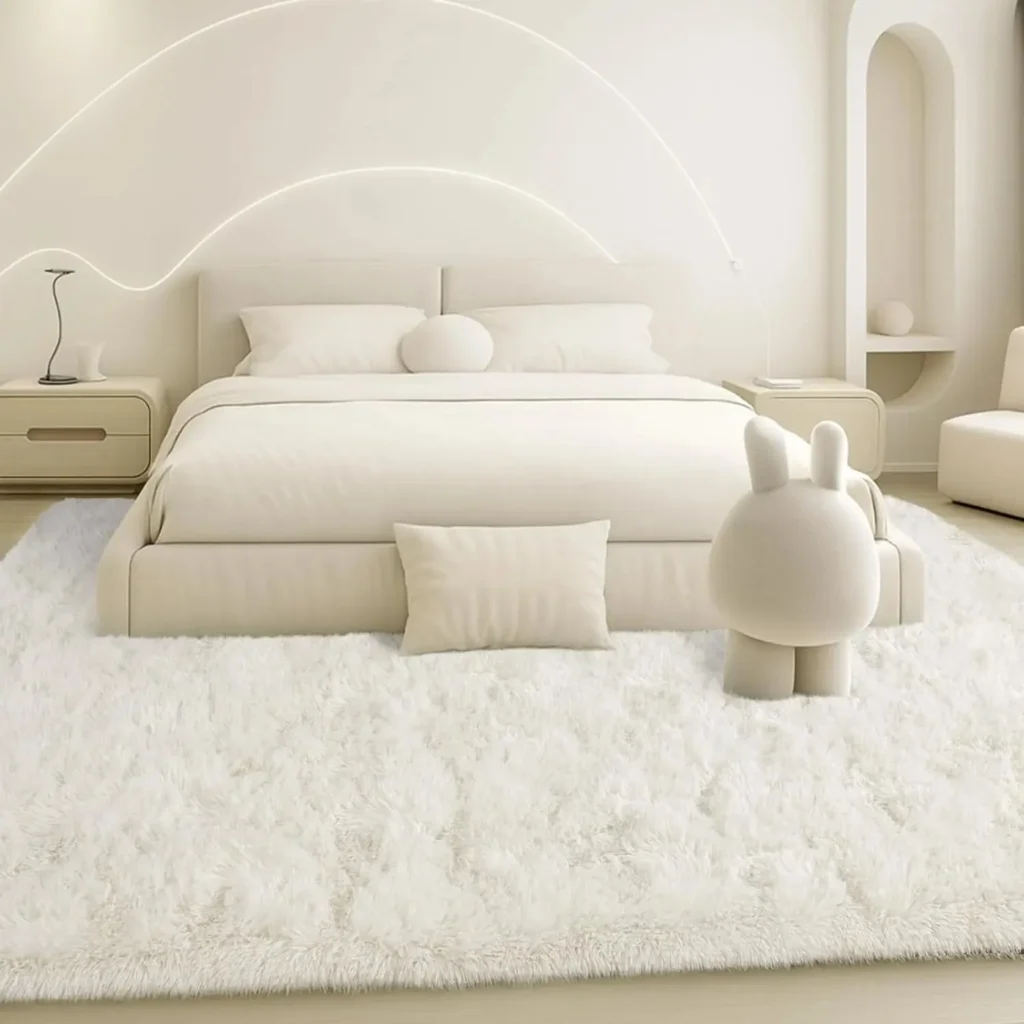 Large white fluffy area rug in a minimalist cream bedroom with modern bed and decor.