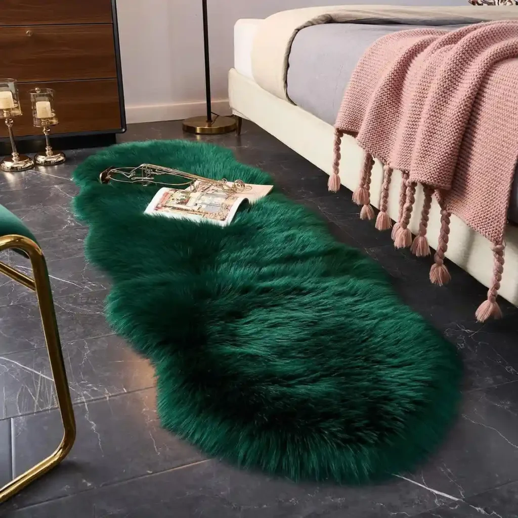 Emerald green faux fur area rug, irregular organic shape sheepskin-style carpet with ultra-plush long pile for luxury bedroom