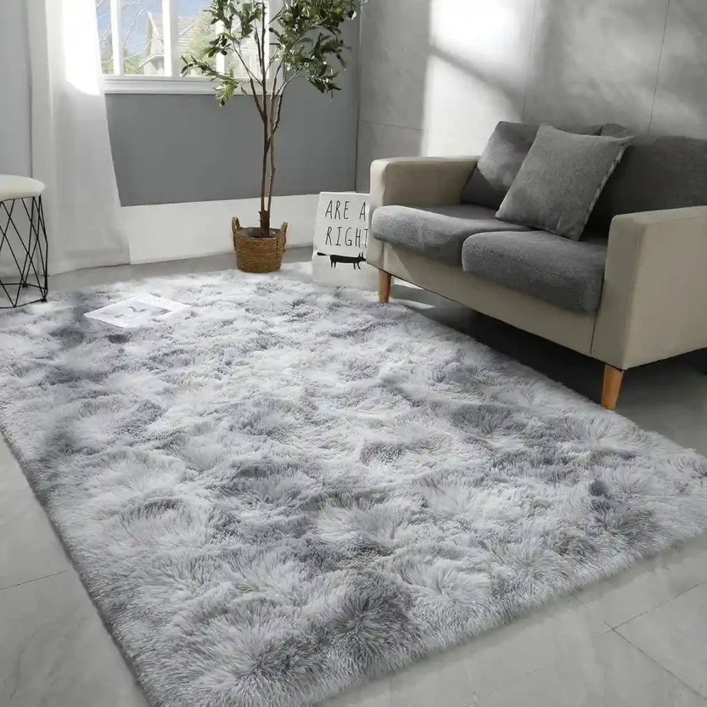 White and gray ombre fluffy shag area rug in modern living room