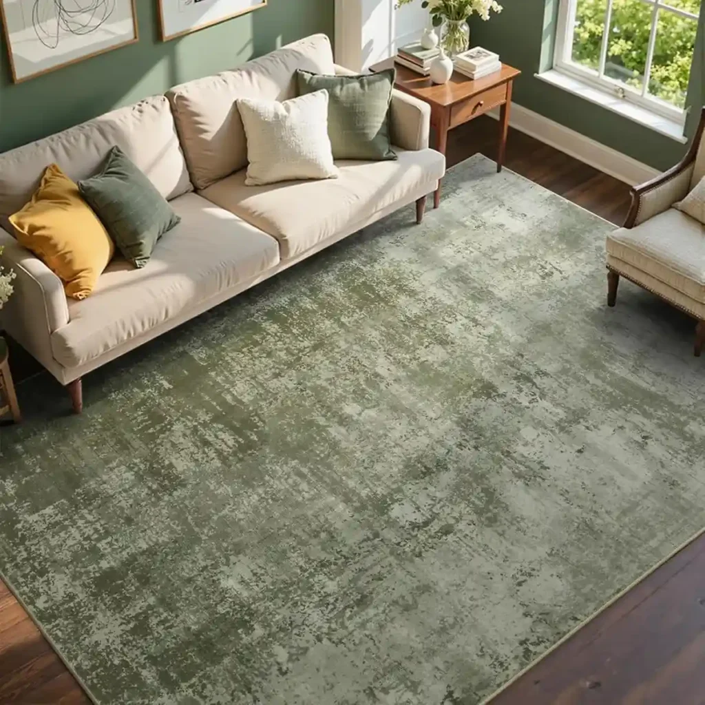 Muted sage green distressed area rug with abstract weathered pattern, modern vintage-style carpet in olive and cream tones for contemporary living room