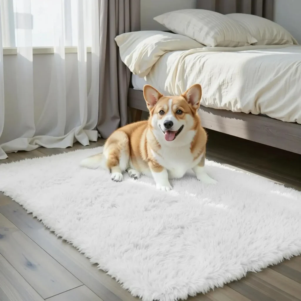 Corgi dog lying on a soft white fluffy rug beside a bed in a bright bedroom.