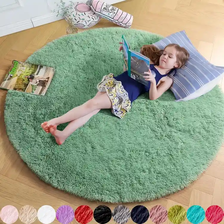 Round mint green shag rug, ultra-plush circular fluffy carpet in soft sage green for kids room, high-pile fuzzy floor mat