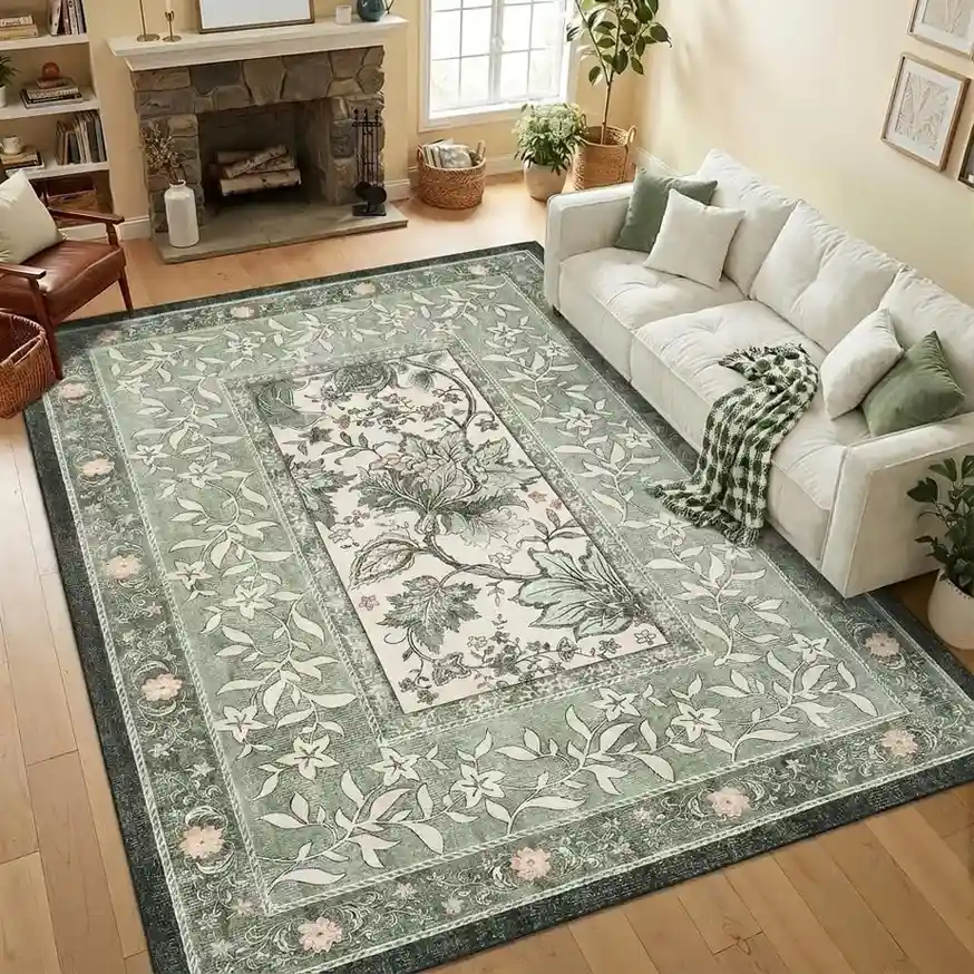 Sage green traditional area rug with floral botanical pattern, vintage Oriental-style carpet with multiple borders and cream center medallion design
